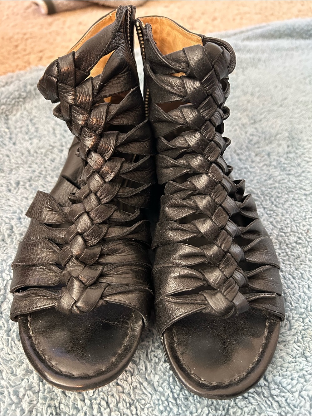 Frye Black Braided Leather Gladiator Sandals